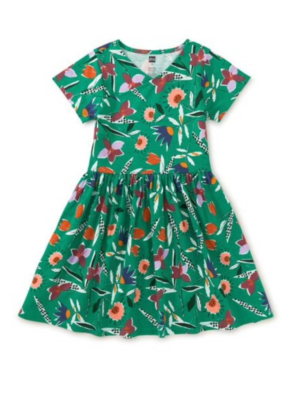🌟 TEA COLLECTION 🌟 GIRL'S PRINTED SHORT SLEEVE FIT & FLARE KNIT DRESS GREEN 14